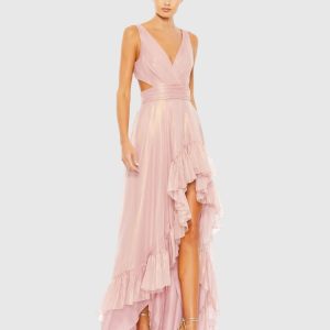 Pink Cut Out High Low Ruffle Gown