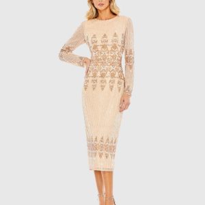 Embellished Long Sleeve High Neck Sheath Dress