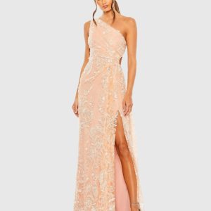 Pink One Shoulder Side Cut Embellished Gown