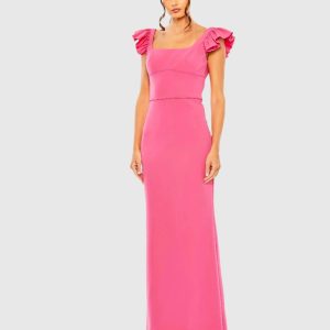 Ruffle Cap Sleeve Open Back Column Gown