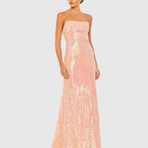 Sequined Strapless Rhinestone Belt Gown