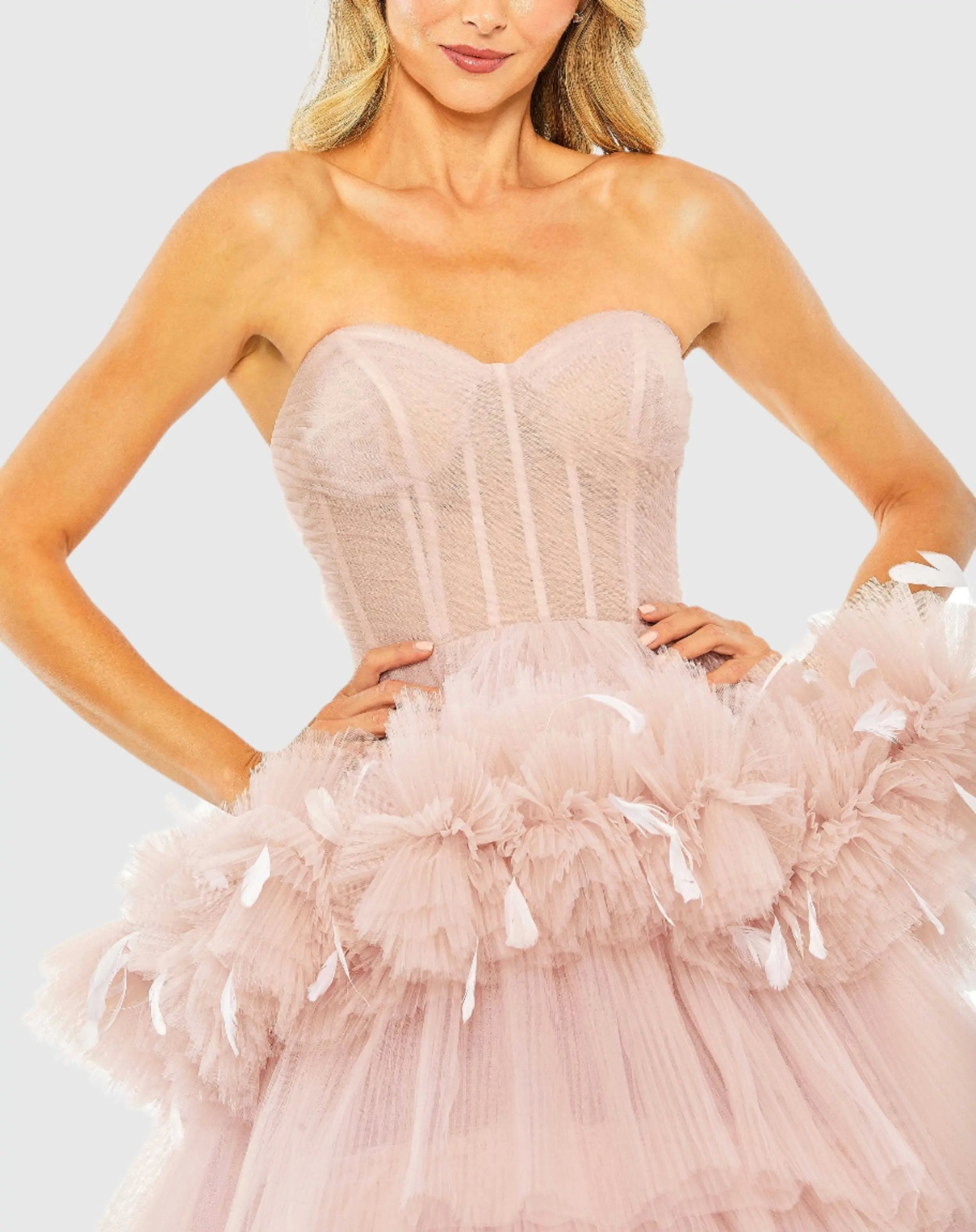 Pink Strapless Tulle Gown with Feather Detail - FINAL SALE - Image 2