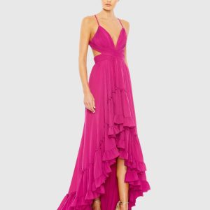 Pink Pleated High Low A-Line Gown With Ruffles