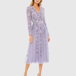 Long Sleeve Embroidered Wrap Midi Dress