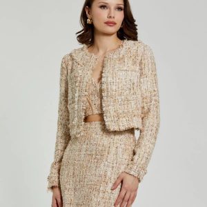 Beige Long Sleeve Cropped Boucle Jacket