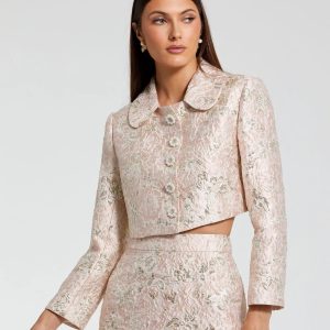 Pink Pearl Button Brocade Cropped Jacket
