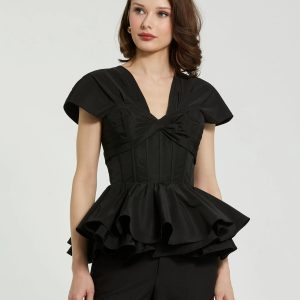 Black Faille Twist Bustier Peplum Top