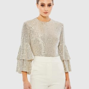 Silver Ruffle 3/4 Sleeve Sequin Bodysuit - FINAL SALE