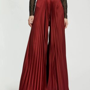 Red Pleated Charmeuse Wide Leg Pants