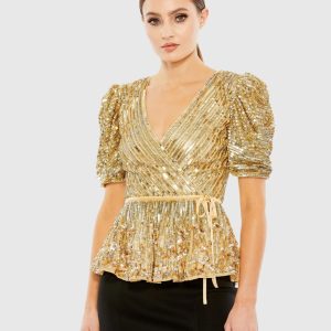 Gold Sequined Puff Sleeve Faux Wrap Top - FINAL SALE