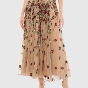 Beige Floral Beaded Long Chiffon Skirt