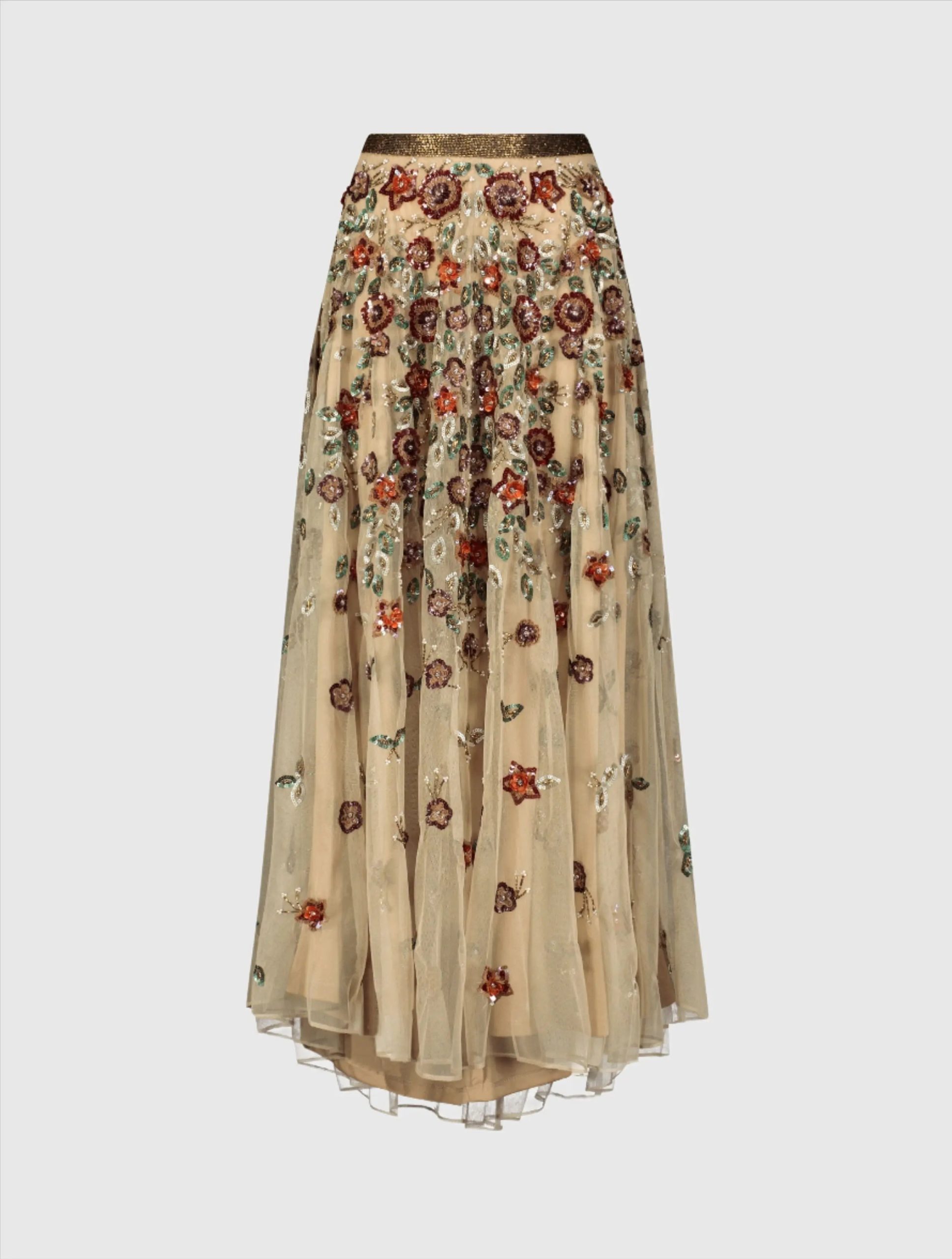 Beige Floral Beaded Long Chiffon Skirt - Image 2