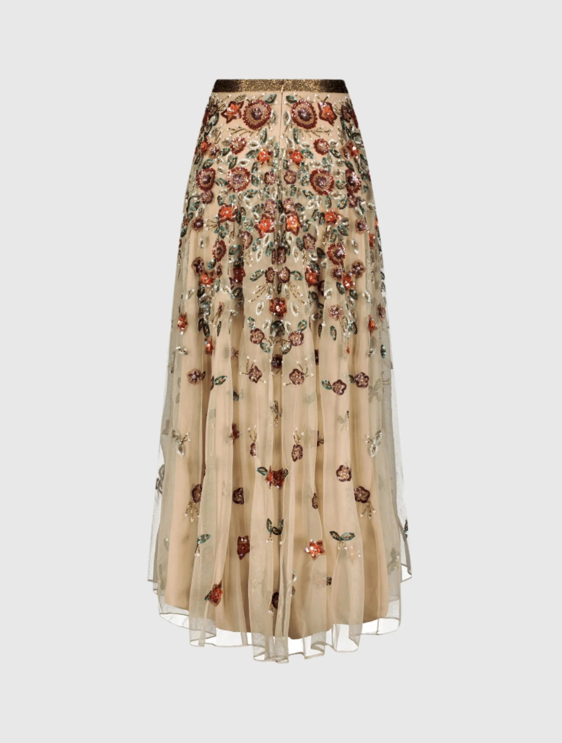 Beige Floral Beaded Long Chiffon Skirt - Image 4