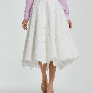 White Embroidered Floral A-line Midi Skirt