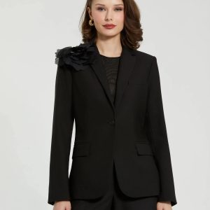 Black Classic Crepe Blazer Jacket With Flower - FINAL SALE
