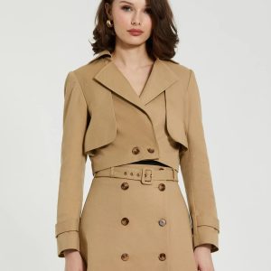 Beige Twill Cropped Tailored Trench Jacket