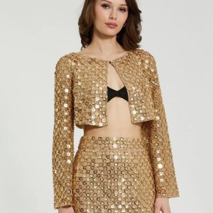 Gold Beaded Sequin Georgette Long Sleeve Cardigan