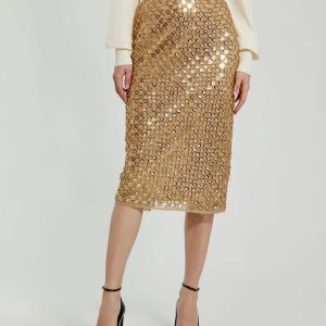 Gold Georgette Embellished Fitted Midi Pencil Skirt