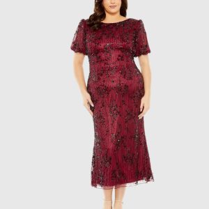 High Neck Puff Sleeve Embellished Dress