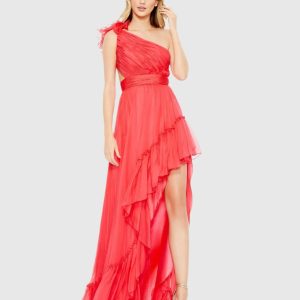 Ruffled One Shoulder Asymmetrical Gown