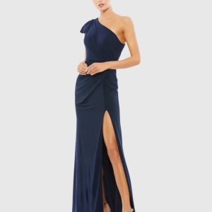 Navy Ruffled One Shoulder Draped Gown