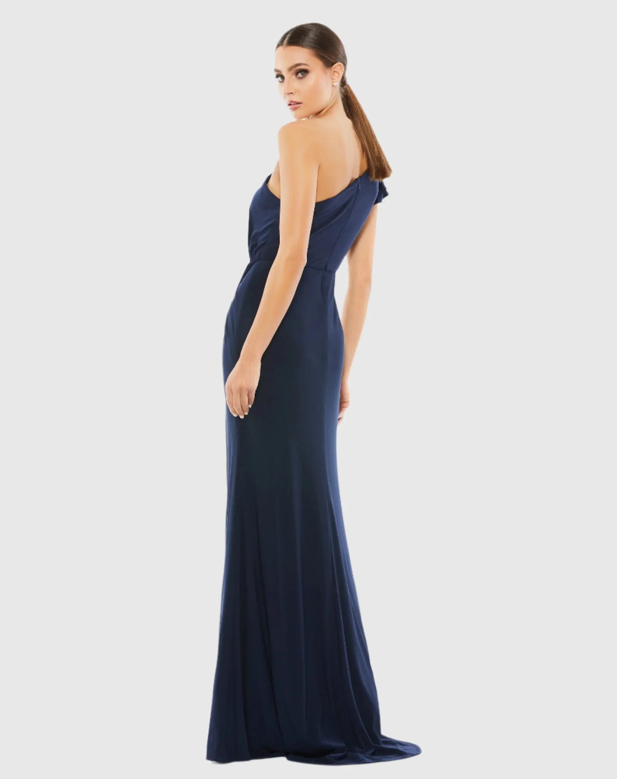 Navy Ruffled One Shoulder Draped Gown - Image 3