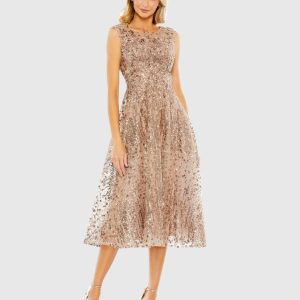Gold Sequined Cap Sleeve Fit and Flare Dress