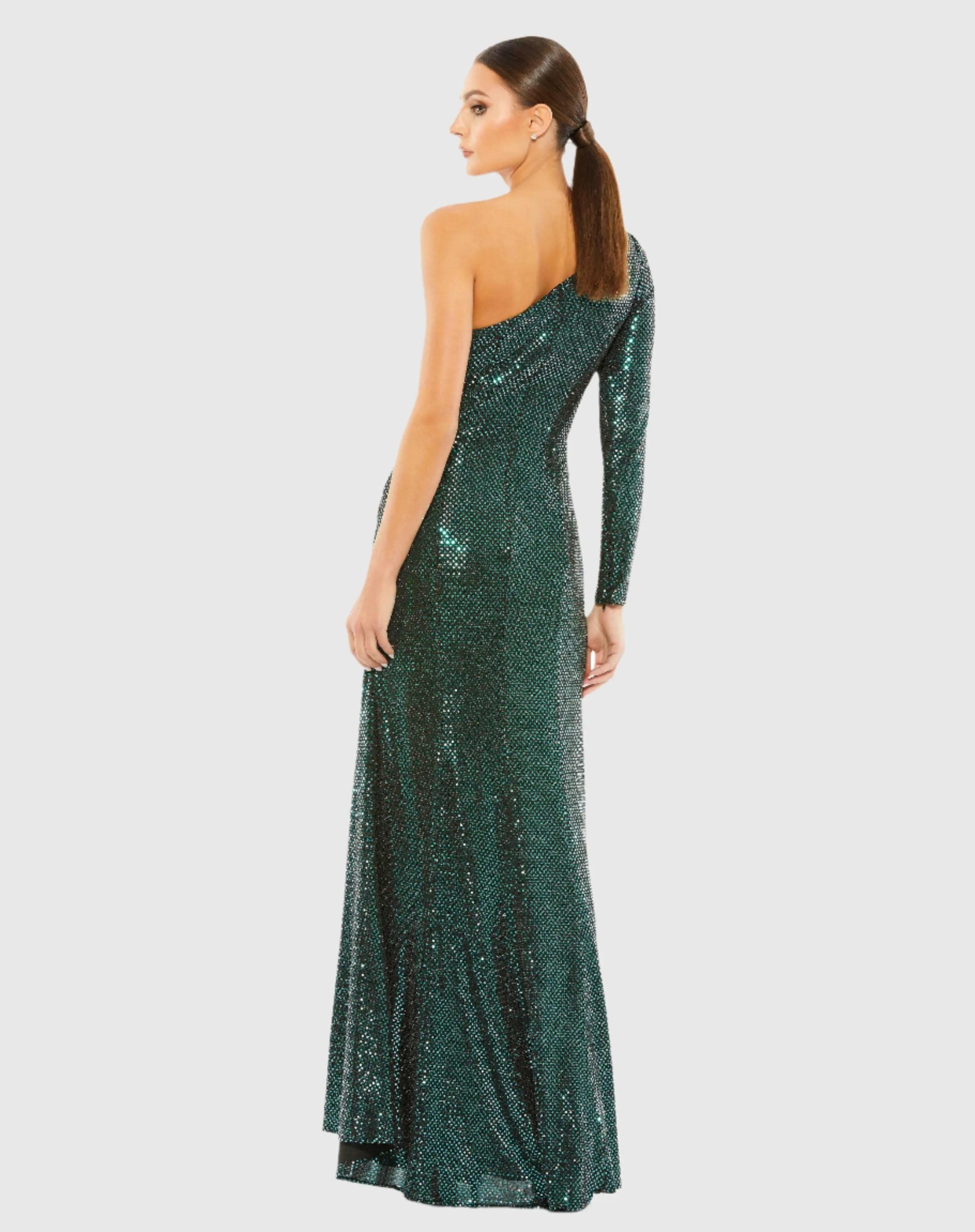 Green One Sleeve Draped Sequin Gown - Image 3