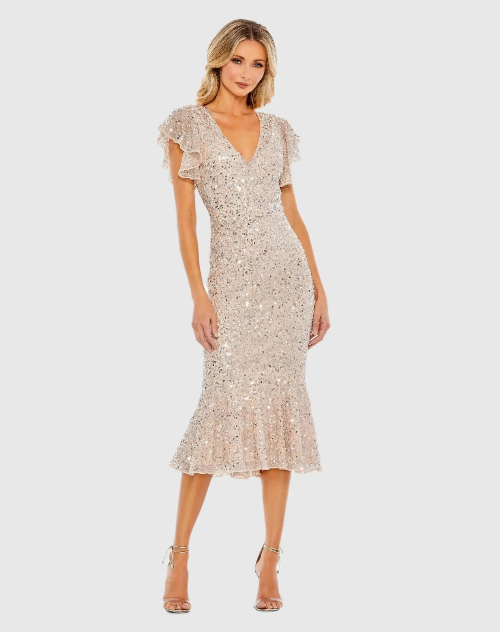 Sequined V Neck Flutter Cap Sleeve Trumpet Dress - Image 2
