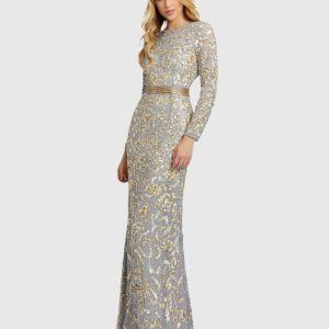 Silver Long Sleeve Embellished Gown