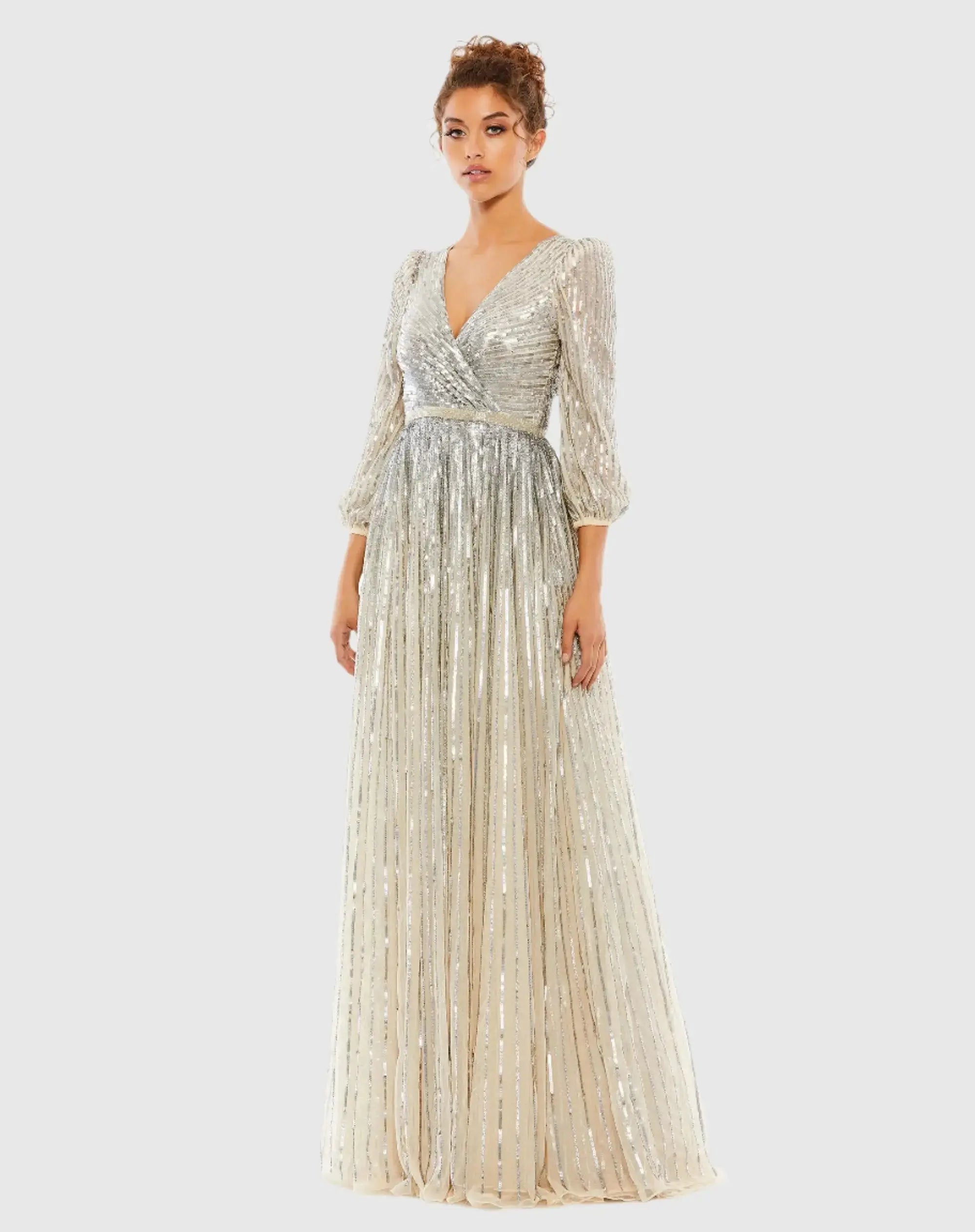 Sequined Wrap Over 3/4 Sleeve Gown - Image 4