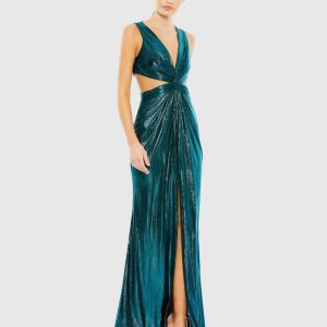 Teal Metallic Cut Out Gown with High Slit - FINAL SALE