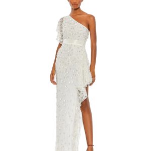 One Shoulder Beaded Embellished Gown with Asymmetrical Hem