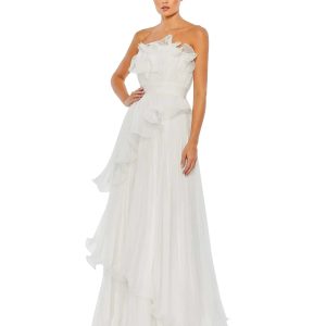 White Pleated Tiered Ruffled Strapless Gown