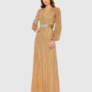Wrap Over Puff Sleeve Embellished Gown