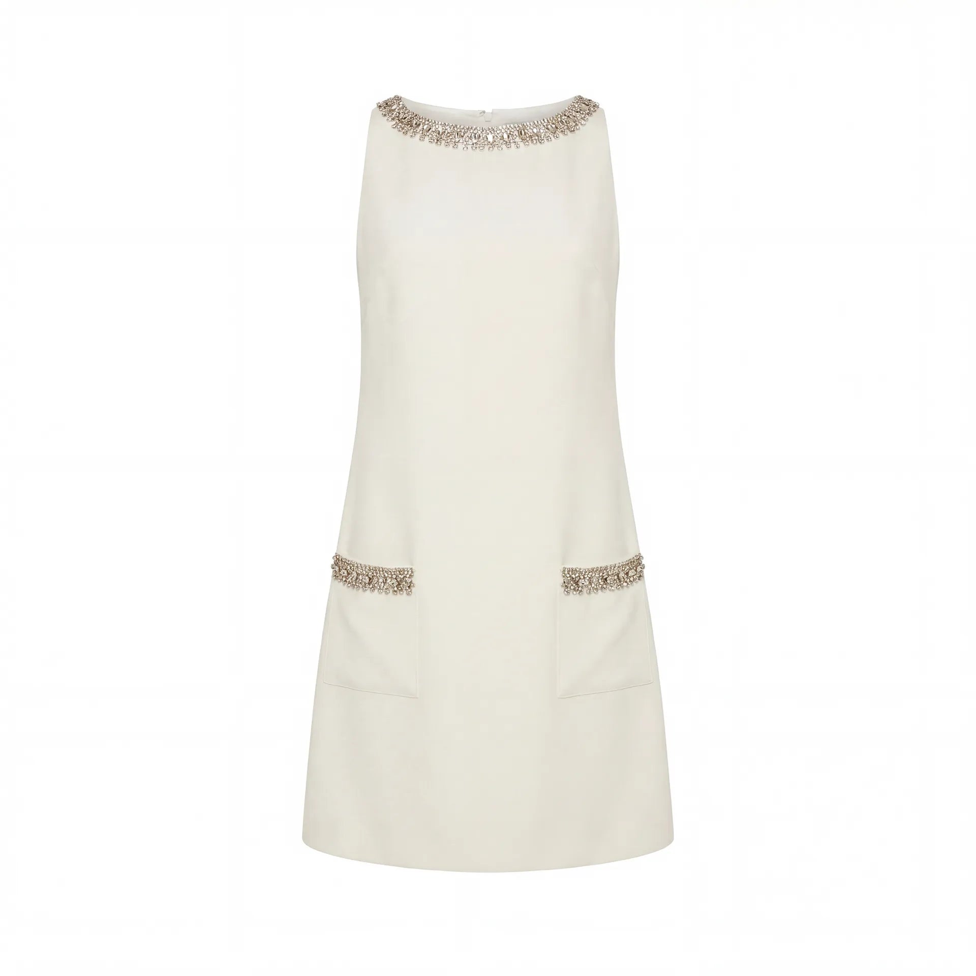 Ivory Sleeveless Shift Mini Dress with Rhinestone Trim - Image 4